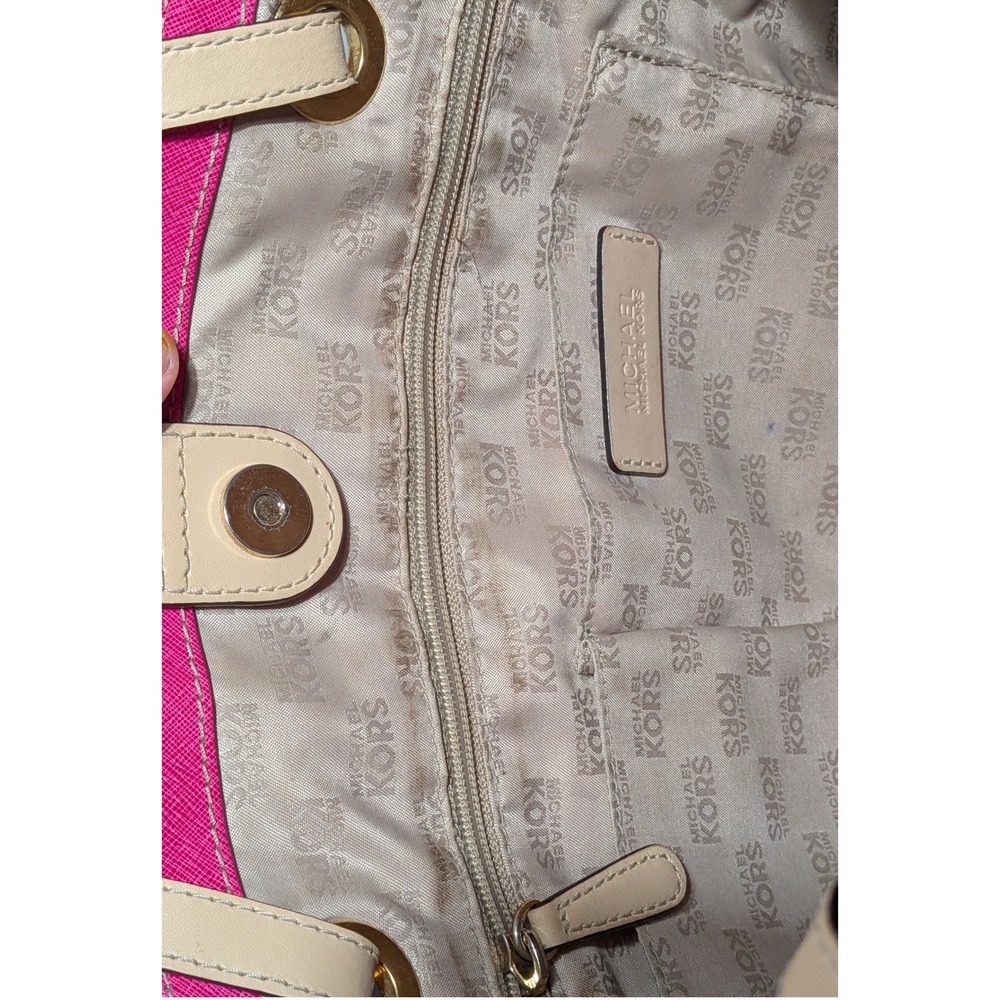 Michael Kors Tote Bag Hot Pink Tan Coated Canvas Leather Handles Jet Set Purse - Picture 11 of 16
